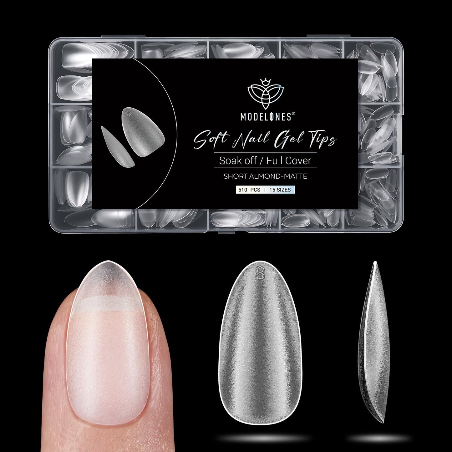 modelones Short Almond Fake Nail Tips - 510Pcs Full Matte Gel Tips Pre-shaped Full Cover Clear Acrylic Gel Kit False Press on Nails for Extension DIY Salon 15Sizes-Velvo Beauty