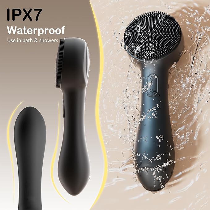 Facial Cleansing Brush Silicone Face Scrubber Waterproof Rechargeable Exfoliator Massage Device for Men & Women, Deep Pore Cleansing, Exfoliating, Removing Blackhead Electric Face Scrub Brush (Black)-Velvo Beauty