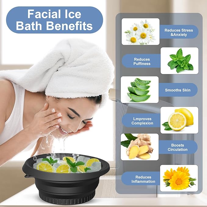 Face Ice Bath Bowl With Built-In Ice Tray, Silicone Ice Bowl Facial Folding Washbasin for Cold Plunge Therapy, Skin Tightening & Acne Relief, Reusable Ice Cubes Portable Spa Tool for Home & Travel-Velvo Beauty