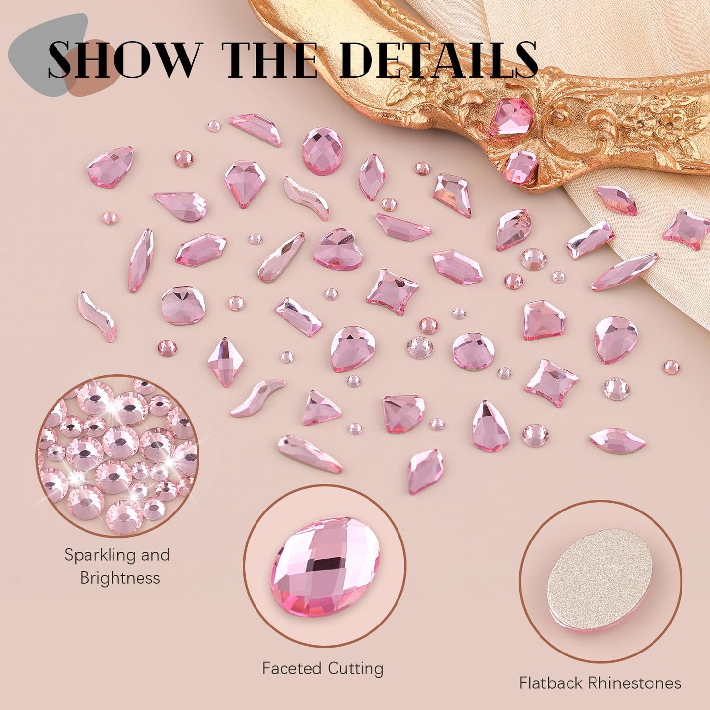 1680Pcs Pink Glass Nail Rhinestones 180Pcs Multi Shapes Flatback Nail Gems + 1500Pcs 1.5-4mm Round Crystal, Manicure Nail Charms Diamond Gemstones for Acrylic Nails Decoration-Velvo Beauty