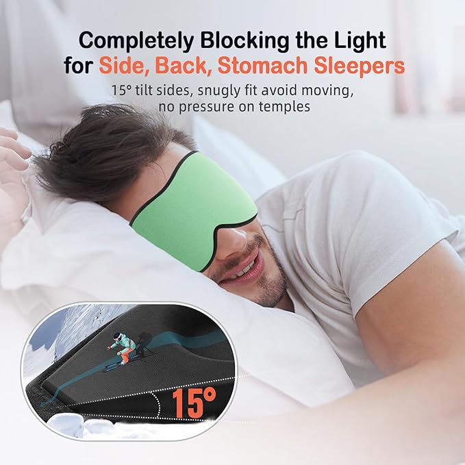 LitBear Sleep Mask for Side Sleeper Women Men, Eye Mask for Sleeping Light Blocking, 3D Contoured Cup Sleeping Mask, Soft Breathable Sleep Eye Mask with Adjustable Strap for Flight, Mint Green-Velvo Beauty