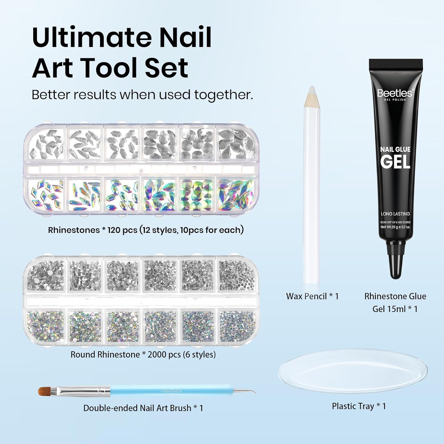 Beetles Gel Polish Nail Glue with Nail Gems Set, 15ml Nail Rhinestone Glue &120+2000Pcs Crystal Glass AB Rhinestones for Nails Art, Nail Gems with Double-Ended Clean Up Nail Brush Gifts for Girls-Velvo Beauty