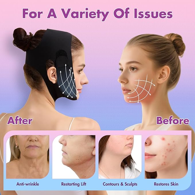 2 Pack Face Slimming Strap, Double Chin Reducer Band, Graphene V-Line Mask Chin Up Mask V Shaped Face Mask Chin strap for sleeping, V-Line Lifting Mask for Women, Medium, Black and Pink-Velvo Beauty