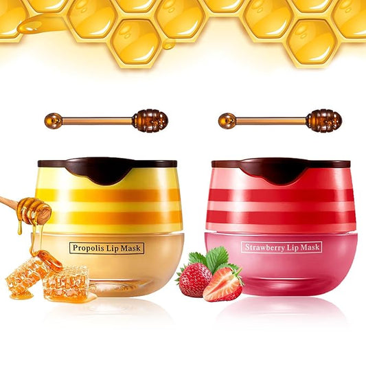 NVLEPTAP 2PCS Bee Lip Balm Honey Pot Honey & Strawberry Lip Balm Moisturizing Honey Lip Mask Lip Care Products Lip Balm with Wand-Velvo Beauty