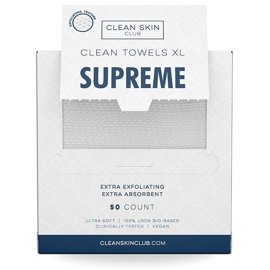 Clean Skin Club Clean Towels XL™ Supreme, 100% USDA Biobased Dermatologist Approved Face Towel, Gentle Exfoliation, Disposable Facial Washcloth, Makeup Remover Dry Wipes, 50 Count-Velvo Beauty