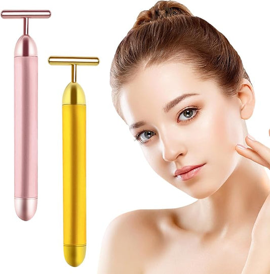2 Pack T Shape Face Massager Beauty Bar Golden & Pink Facial Massager, Portable Electric Vibration Face Neck Body Massager for Firming Lifting Anti Aging Skin Tightening Wrinkle Reducing-Velvo Beauty