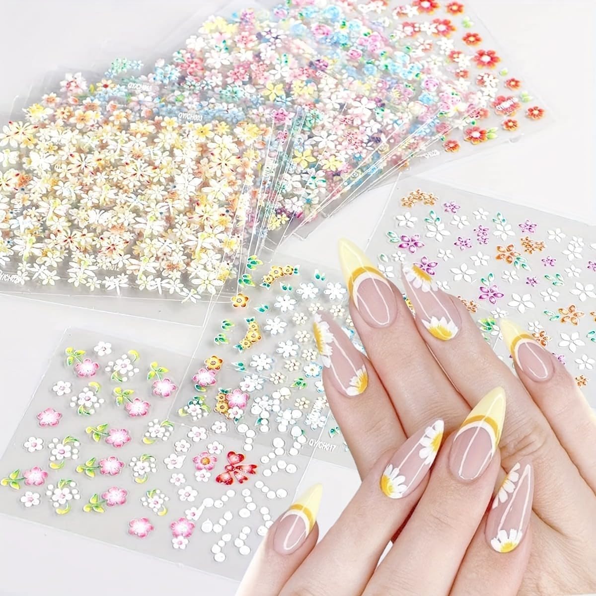 30 Sheets Flower Nail Stickers Colorful 3D Self Adhesive Cute Daisy Floral Nail Decals Heart Nail Art Charms for DIY Design (ST-F)-Velvo Beauty