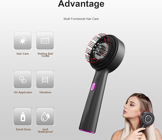 Red Light Dot Scalp Massager - 72-Point Vibration Comb for Hair Care, 3 in 1 Hair Oil Applicator,ipx7 Waterproof Scalp Oil Applicato,Rechargeable Home Use Device with Safety Indicator（Black）-Velvo Beauty