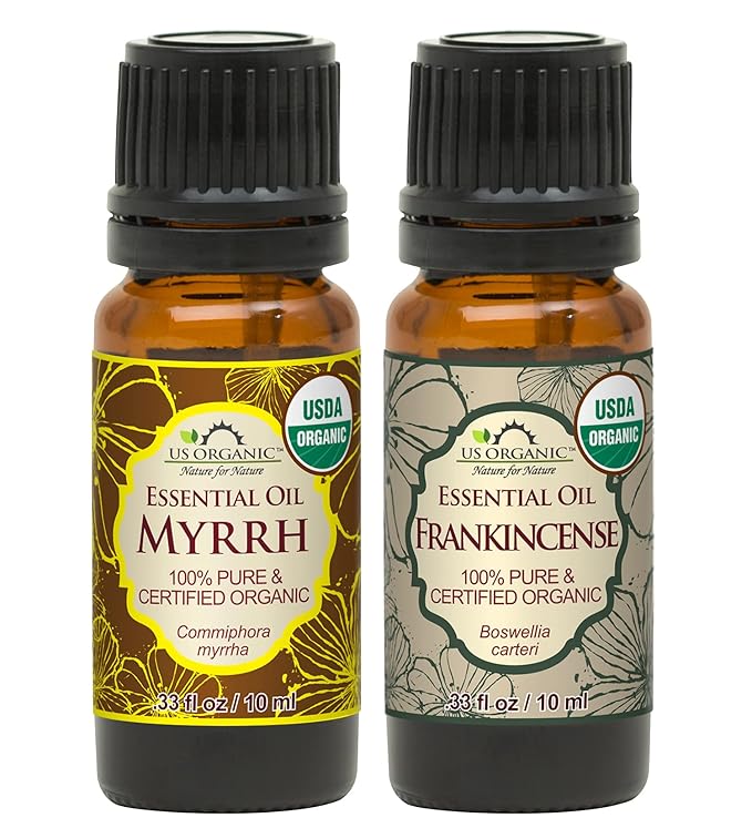 US Organic 100% Pure Myrrh, Frankincense Essential Oil Combo Pack - Directly sourced from The Horn of Africa - USDA Certified Organic - Use Topically or in Diffuser (10 ml Combo)-Velvo Beauty