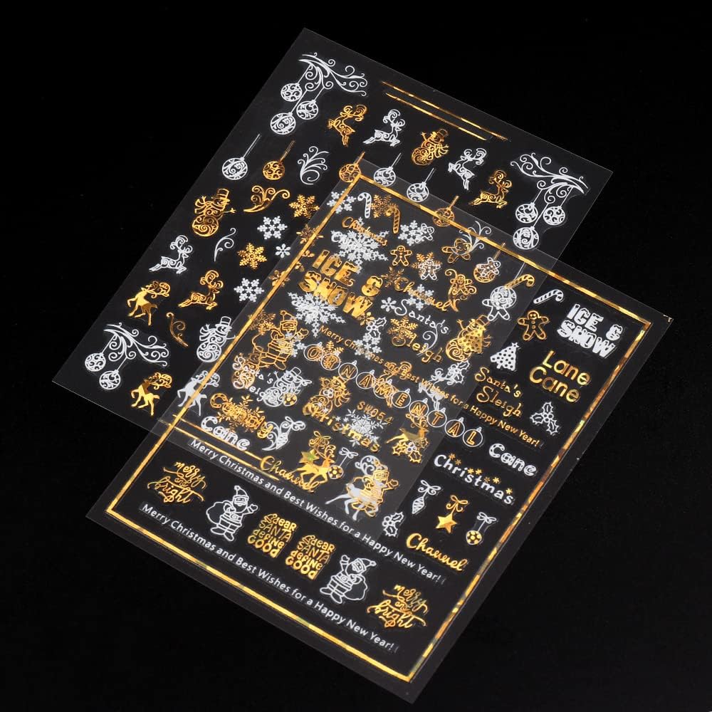 9 Sheets Christmas Nail Art Stickers Decals Self-Adhesive Pegatinas Uñas Gold White Nail Supplies Nail Art Design Decoration Accessories-Velvo Beauty