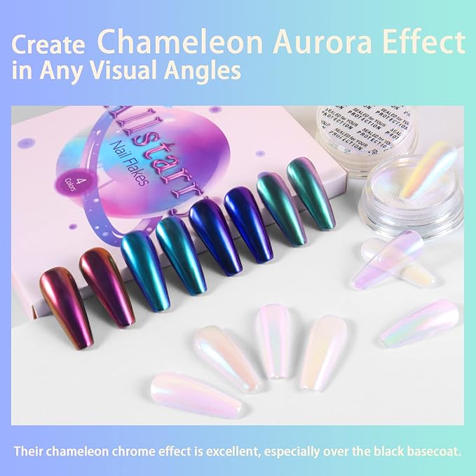 Allstarry White Chrome Nail Powder, 4 PCS Color-Shift Chameleon Chrome Effect Powder Neon Aurora Glitter Dust Iridescent Pearlescent Pearl Pigment for Nail Art Decoration, Gel Polish, Resin Craft-Velvo Beauty