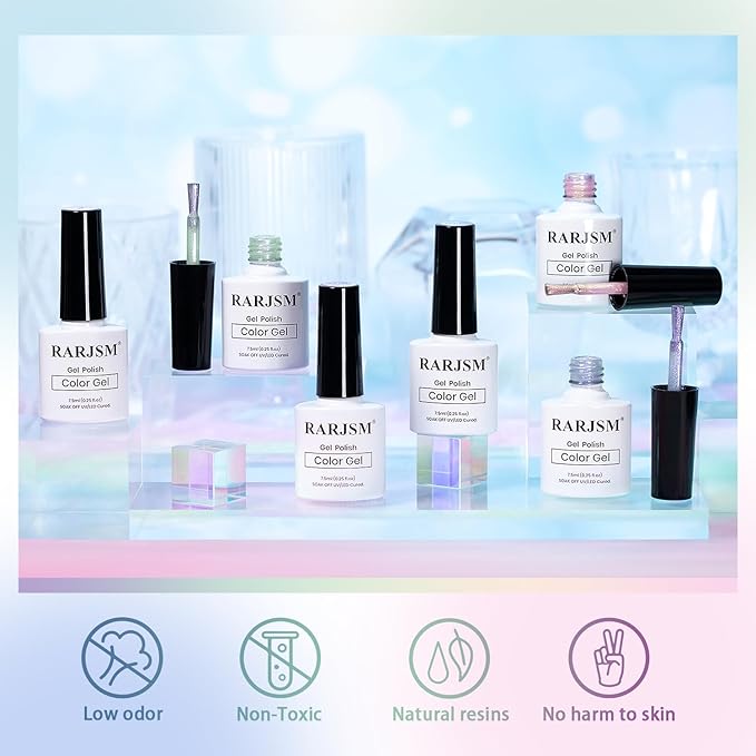 RARJSM Sparkle Diamond Pearl Cat Eye Gel Nail Polish Set 6pcs Velvet Silver Shimmer Pink Green Blue Purple White Glitter Mermaid Swirl Shell Thread Effect with Magnet Stick UV LED Curing Requires-Velvo Beauty