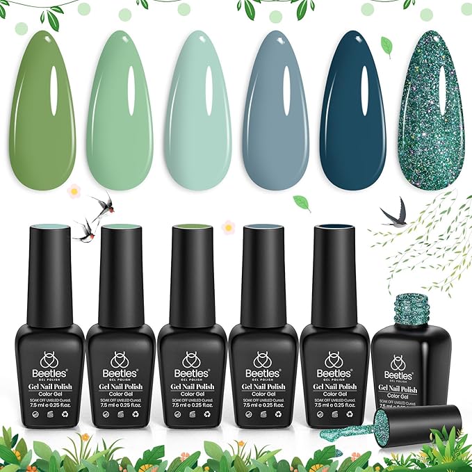 Beetles Green Gel Nail Polish Set - 6 Colors Green Gray Blue Glitter Nail Gel Polish Soak off Uv Gel Nail Art Manicure Gifts for Women-Velvo Beauty