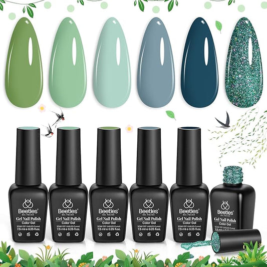 Beetles Green Gel Nail Polish Set - 6 Colors Green Gray Blue Glitter Nail Gel Polish Soak off Uv Gel Nail Art Manicure Gifts for Women-Velvo Beauty