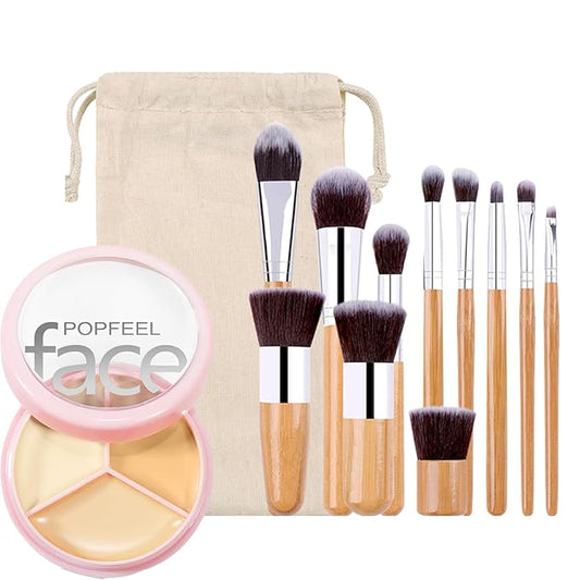 Concealer Cream Palette with 11 Pcs Premium Makeup Brush Set, 3 Color Waterproof Long-Lasting Full Face Cosmetics Cream Concealer Kit for Light Fair Skin, Women Birthday Makeup Gift Idea-Velvo Beauty