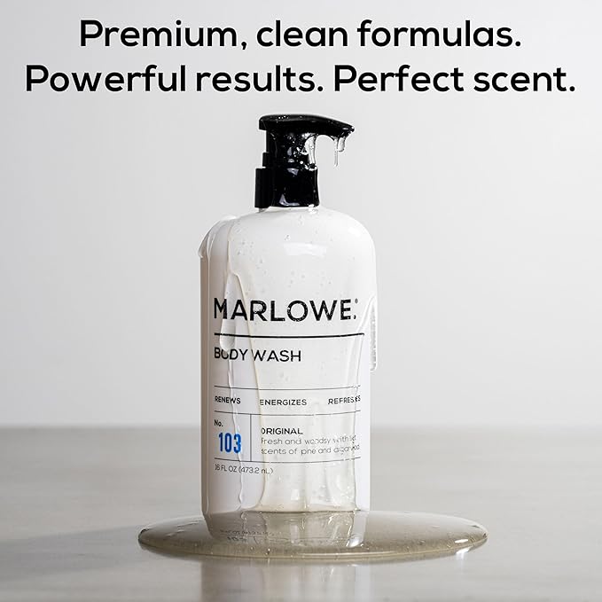 MARLOWE. No. 103 Body Wash 16 oz Pump, Original, Energizing & Refreshing Shower Gel with Willow Bark & Green Tea Extracts, Cleanses, Moisturizes, Smooths & Nourishes, Fresh Pine & Agarwood Scent-Velvo Beauty