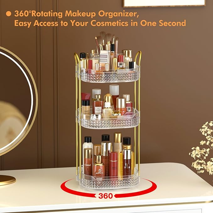 Awenia Rotating Makeup Organizer 360, Stackable Adjustable Large Capacity Cosmetic Storage Unit,Dresser Bathroom Kitchen Countertop Organizer with Metal Handle, Plus Size (Clear, 3 Tier)-Velvo Beauty
