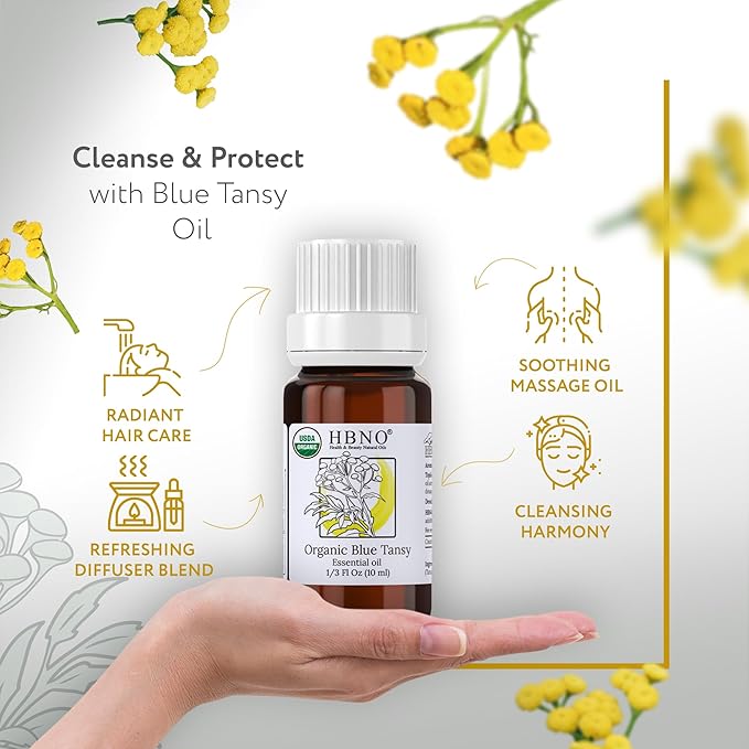 HBNO USDA Certified Organic Blue Tansy Essential Oil - 1/3 OZ (10 ml) Travel Size - Perfect for Aromatherapy, DIY, Candle Making, Soap Making, Diffusers - Blue Tansy Essential Oils-Velvo Beauty