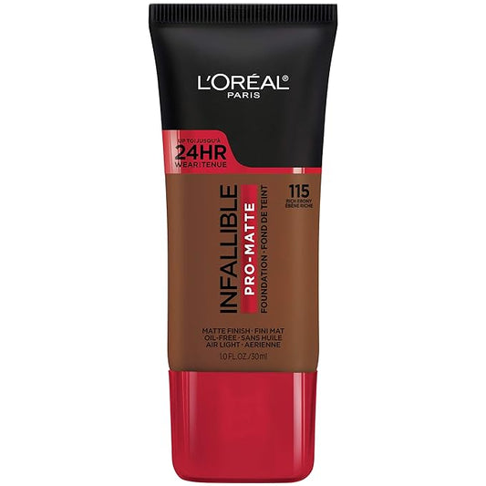 L'Oreal Paris Cosmetics Makeup Infallible Pro-Matte Liquid Longwear Foundation, Rich Ebony, 1 fl oz.-Velvo Beauty