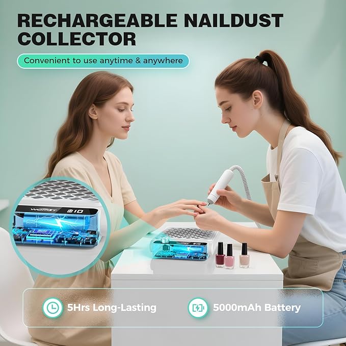 Rechargeable Nail Dust Collector, 980PA Portable Cordless Nail Vacuum Dust Collector Fan with Filter Papers (30 Pcs) for Acrylic Nail Polishing & Manicure Pedicure at Nail Salon & Home - White-Velvo Beauty