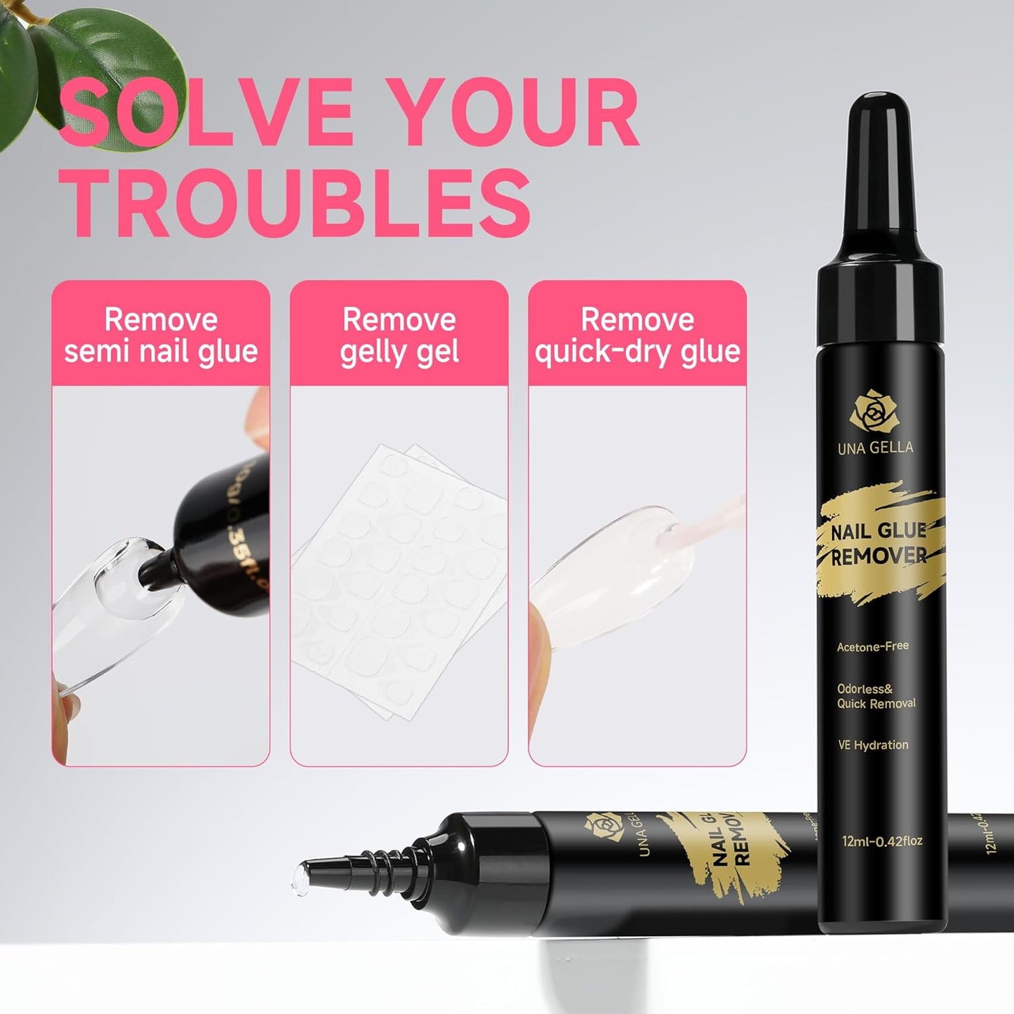 UNA GELLA Quick Removal Gel Nail Glue Remover for Press On Nails: Acrylic Nails Semi Solid Nail Glue Acetone-Free, Not for Gel Polish Base Coat Soak Off Remover Kit Drip Use, 12ml*2pcs-Velvo Beauty