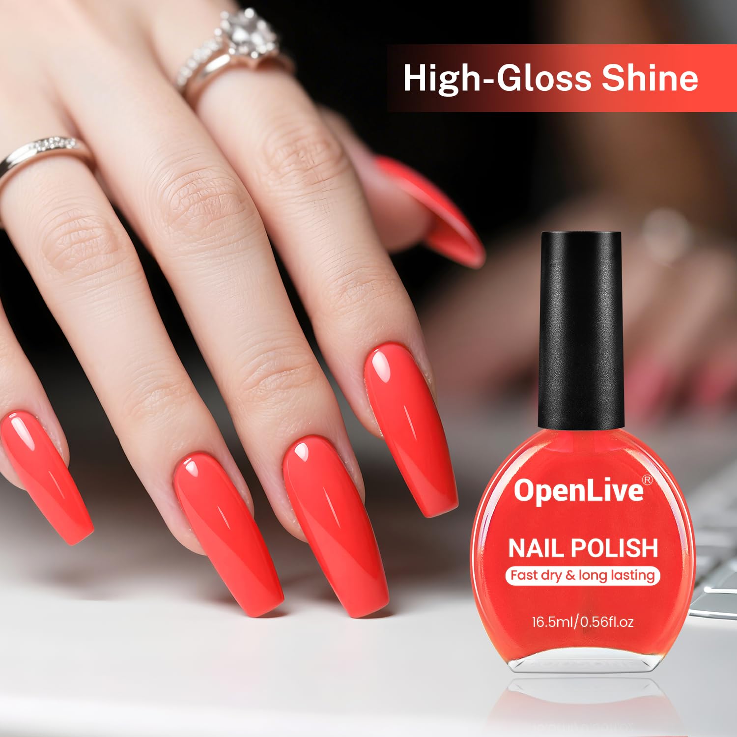 16.5ml Neon Red Nail Polish Glossy Shine Finish Large Volume Quick Dry Nail Polish, Long Lasting Shine, Fingernail Toenail Nail Art DIY Home Travel Nail Art Gift-Velvo Beauty