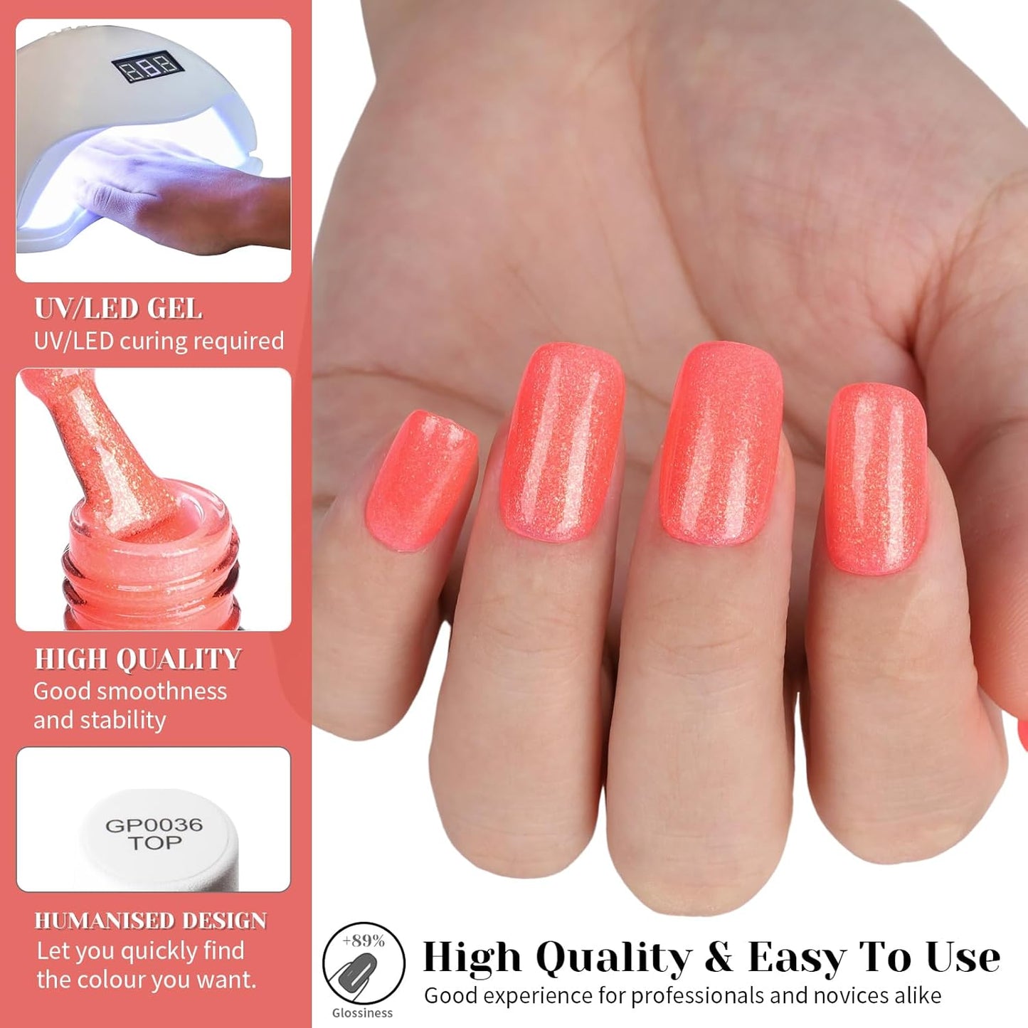 Hot Coral Pink Glitter Gel Nail Polish, 15ml UV/LED Soak Off Sparkly Shimmer Bright Coral Pink Gel Polish for Manicure Salon or DIY Nail Art at Home,Women Girls Gifts - GP0099-Velvo Beauty