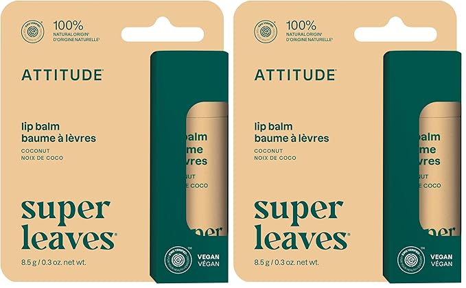 ATTITUDE Plastic-free Lip Balm, EWG Verified Plant- and Mineral-Based Ingredients, Vegan and Cruelty-free Personal Care Products, Coconut, 0.3 Oz (Pack of 2)-Velvo Beauty