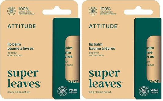 ATTITUDE Plastic-free Lip Balm, EWG Verified Plant- and Mineral-Based Ingredients, Vegan and Cruelty-free Personal Care Products, Coconut, 0.3 Oz (Pack of 2)-Velvo Beauty