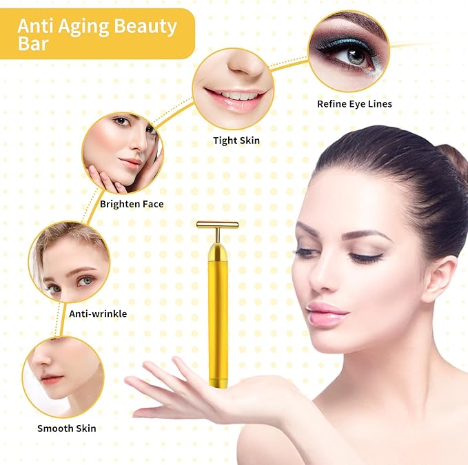 2 Pack T Shape Face Massager Beauty Bar Golden & Pink Facial Massager, Portable Electric Vibration Face Neck Body Massager for Firming Lifting Anti Aging Skin Tightening Wrinkle Reducing-Velvo Beauty