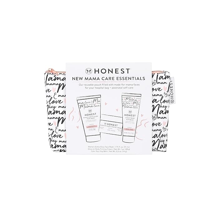 The Honest Company New Mama Care Essentials Gift Set | Hospital Bag Must Haves | Travel Size Nip Balm (0.5 oz), Glow On Body Cream (1 oz), Gotta Glow Face Wash (1.75 fl oz), Reusable Pouch-Velvo Beauty