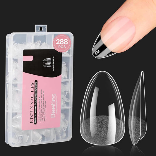 Beetles Short Almond Nail Tips: 12 Sizes 288 PCS Half Matte Full Cover Gel Tips Clear Acrylic Gel Nail Tips Almond Shape for DIY Extension-Velvo Beauty
