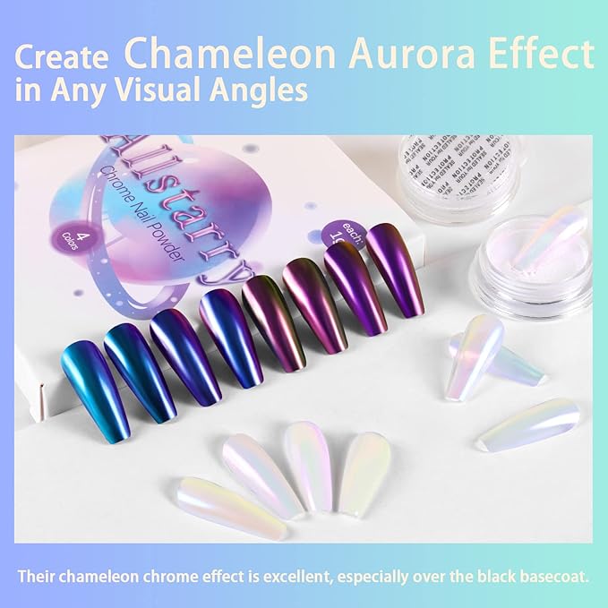 Allstarry White Chrome Nail Powder, 4 PCS Color-Shift Chameleon Mica Powder Pearlescent Pearl Pigment Aurora Chrome Effect Glitter Dust Iridescent for Gel Polish Nail Art Decoration, Resin Craft-Velvo Beauty