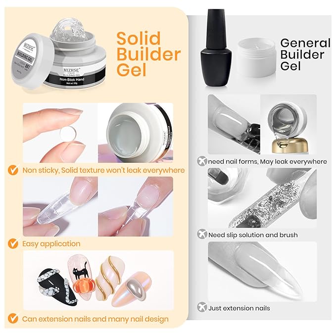 MIZHSE Solid Builder Gel - 1 oz Clear Non Stick Hand Hard Gel with 6 Colors Chrome Nail Powder and Nail Form Extension Kit for Salon and Home DIY-Velvo Beauty