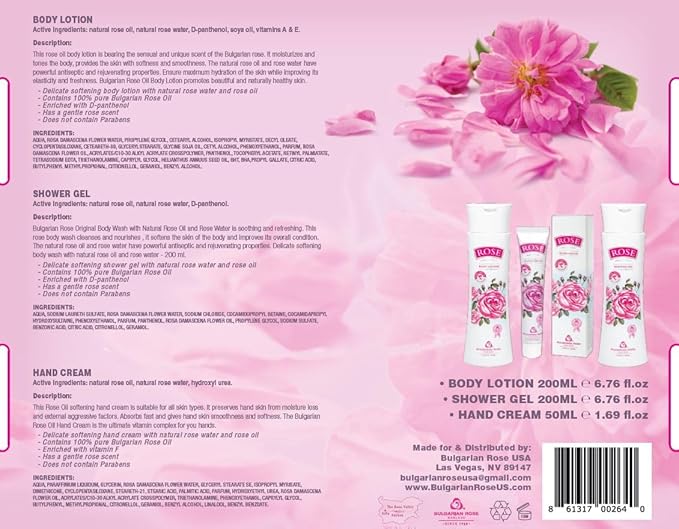 Bulgarian Rose Oil Moisturizing Body Care 3 Piece Gift Set - Natural Rose Body Lotion, Natural Rose Body Wash, Natural Rose Hand Cream-Velvo Beauty