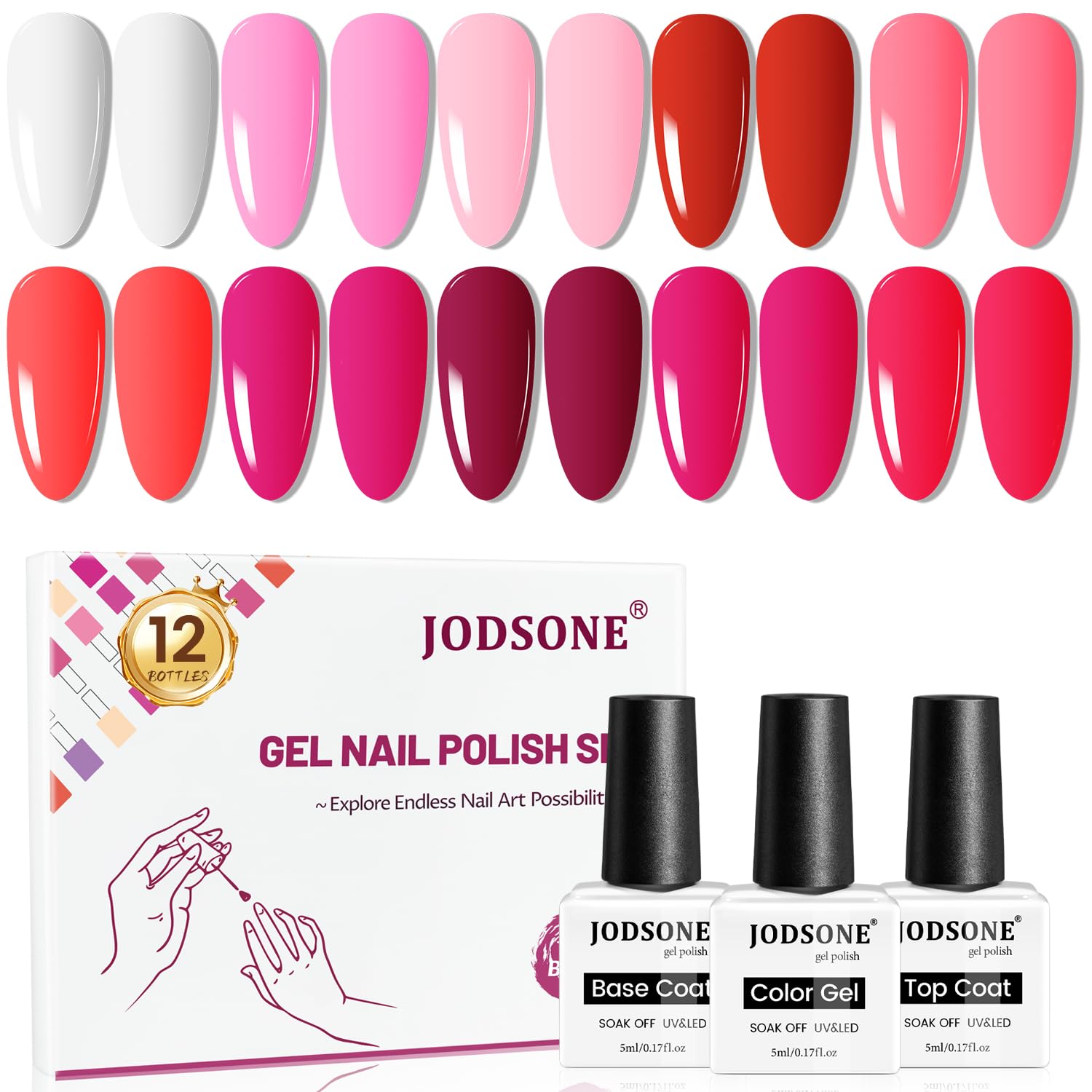 JODSONE 12 PCS Gel Nail Polish Base Coat and Top Coat Red Pink High Gloss Fashion Women Gifts-Velvo Beauty