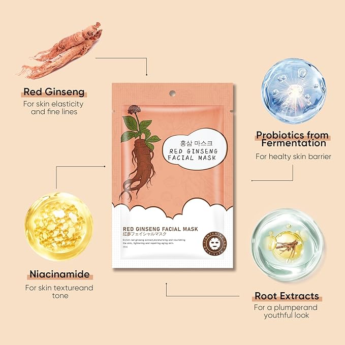 10Pack Sheet Face Masks Skincare for All Skin Types, Moisturizing Hydrating Face Masks Suitable for Sensitive Skin, Red Ginseng Face Masks for Wrinkles, Fine-Lines, Firmness and Elasticity-Velvo Beauty