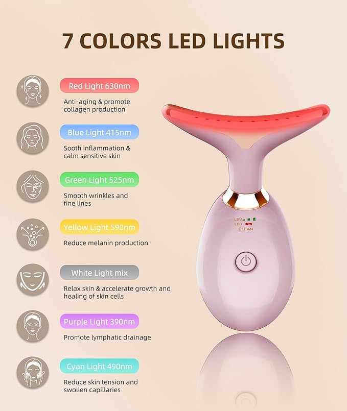 7 Color Face and Neck Massager Light Therapy, Red Light Based Facial Massager for Skin Care, Firming, Smoothing (Pink)-Velvo Beauty