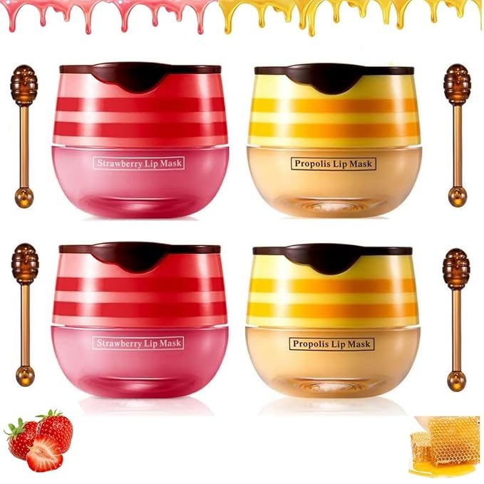 Bee Lip Balm Honey Pot, 4 Pcs Strawberry & Honey Lip Masks Hydrating Prevention Dry and Cracked Lip Scrubs Exfoliator (2 x Strawberry & 2 x Honey)-Velvo Beauty