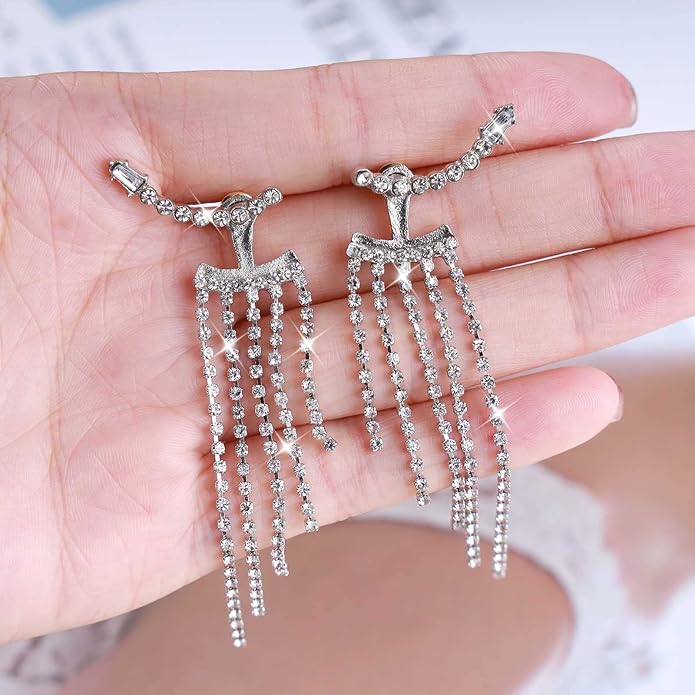 Vintage Rhinestone Chandelier Drop Earrings Crystal Ear Climber Earrings Long Tennis Chain Earrings Silver Cz Tennis Chain Tassel Earrings Jewelry for Women-Velvo Beauty