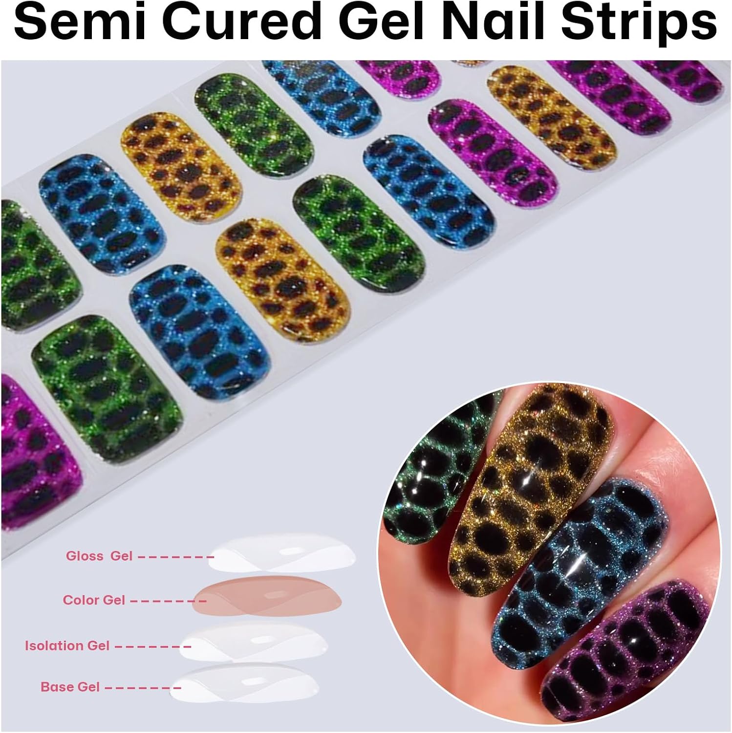 Semi Cured Gel Nail Strips with Leopard Designs Colorful Glitter Nail strips Fall Wraps Salon Quality & Easy to Use 20 Pcs for Women-Velvo Beauty