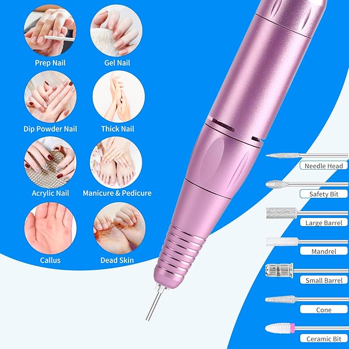Portable Nail Drill Professional 35000 RPM, MOCOWIND Rechargeable Electric Nail File Machine for Acrylic Nails Gel Polishing Removing, Cordless E-File with Bits for Manicure Salon Home, Blue & Purple-Velvo Beauty