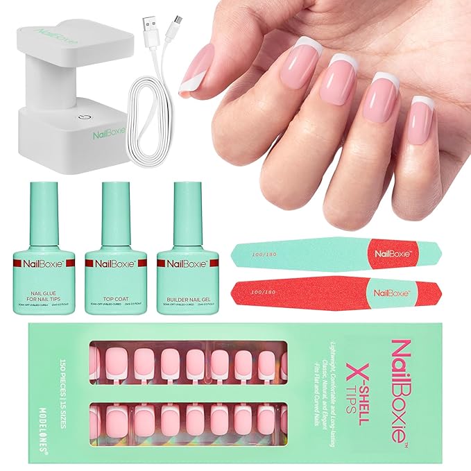 Modelones Press On Nails Kit with Top Coat Nail Glue for Nail Tips Builder Nail Gel 160 PCS Short Brown Square French Tip Press on Nails with LED Light for Easy DIY Nail Art Kit-Velvo Beauty