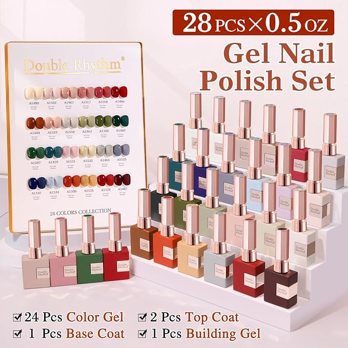 Double Rhythm 28Pcs 0.5Oz Gel Nail Polish Set Same Color Same Bottle Soak Off Gel Polish Kit Nail Art Manicure Salon DIY at Home for Women (Burgundy Green Collection-T24-1)-Velvo Beauty