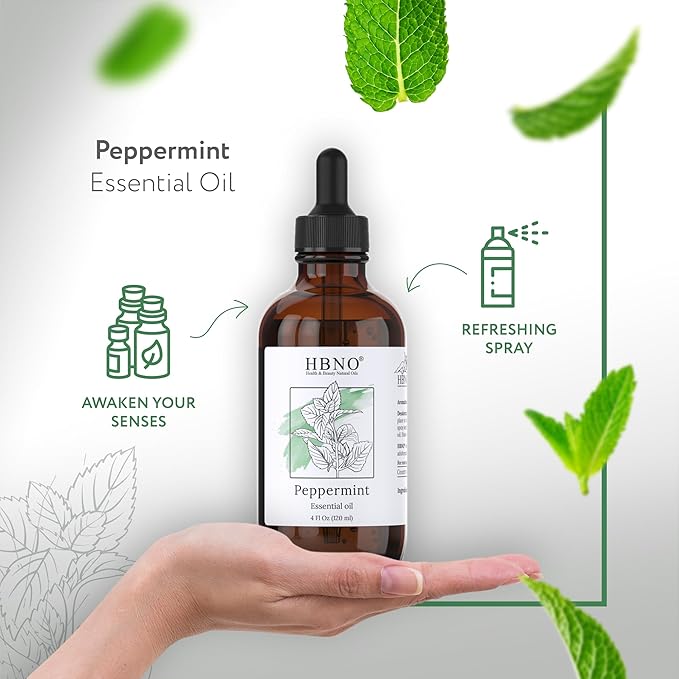 HBNO California Bottled Peppermint Essential Oil 4 fl oz (120ml) - Premium Grade Natural Peppermint Oil for Hair, Skin & Scalp Care - Ideal for Masage, Diffusers & Aromatherapy - with Glass Dropper-Velvo Beauty