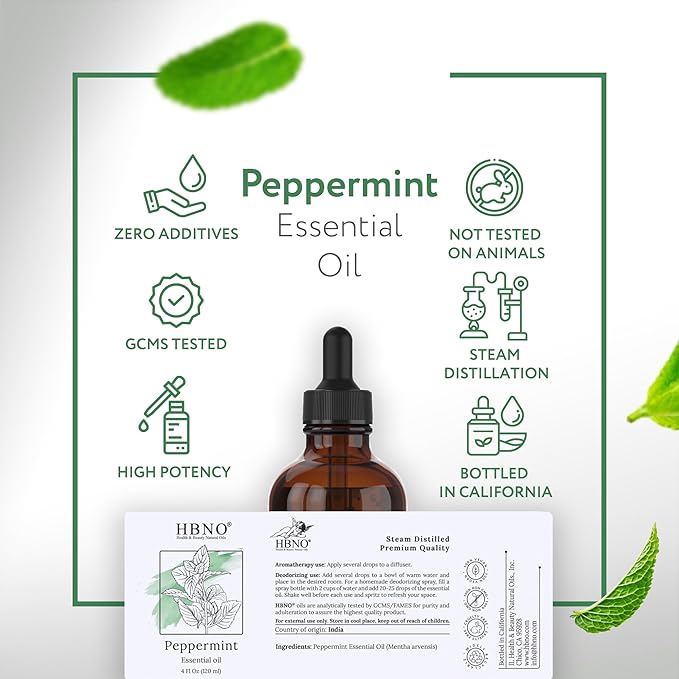 HBNO California Bottled Peppermint Essential Oil 4 fl oz (120ml) - Premium Grade Natural Peppermint Oil for Hair, Skin & Scalp Care - Ideal for Masage, Diffusers & Aromatherapy - with Glass Dropper-Velvo Beauty