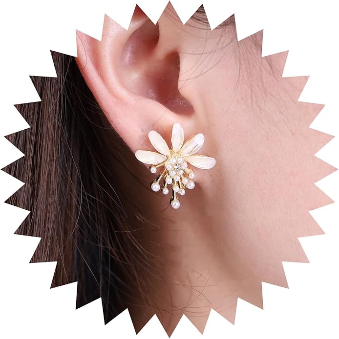 Vintage Flower Pearl Earrings Tiny Pearl Drop Earrings Enamel Flower Stud Earrings Gold Cluster Pearl Earrings Jewelry for Women-Velvo Beauty