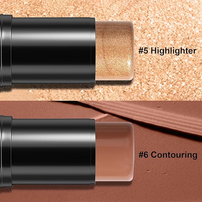 2Pcs Cream Contour Stick Makeup Kit, Cream Highlighter Stick and Bronzer Contour Stick with Longwear Waterproof Formula for Brightening and Trimming the Cheeks, Makeup Brush Include (#05, 06)-Velvo Beauty