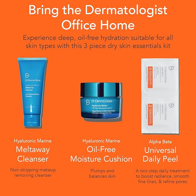 Dr Dennis Gross Plump It Up Kit: 3 Piece Dry Skin Essentials Set: Includes Hyaluronic Marine Moisture Cushion, Universal Daily Peel 10 App, Hyaluronic Marine Meltaway Cleanser-Velvo Beauty