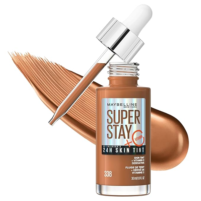 Maybelline Super Stay Up to 24HR Skin Tint, Radiant Light-to-Medium Coverage Foundation, Makeup Infused With Vitamin C, 338, 1 Count-Velvo Beauty